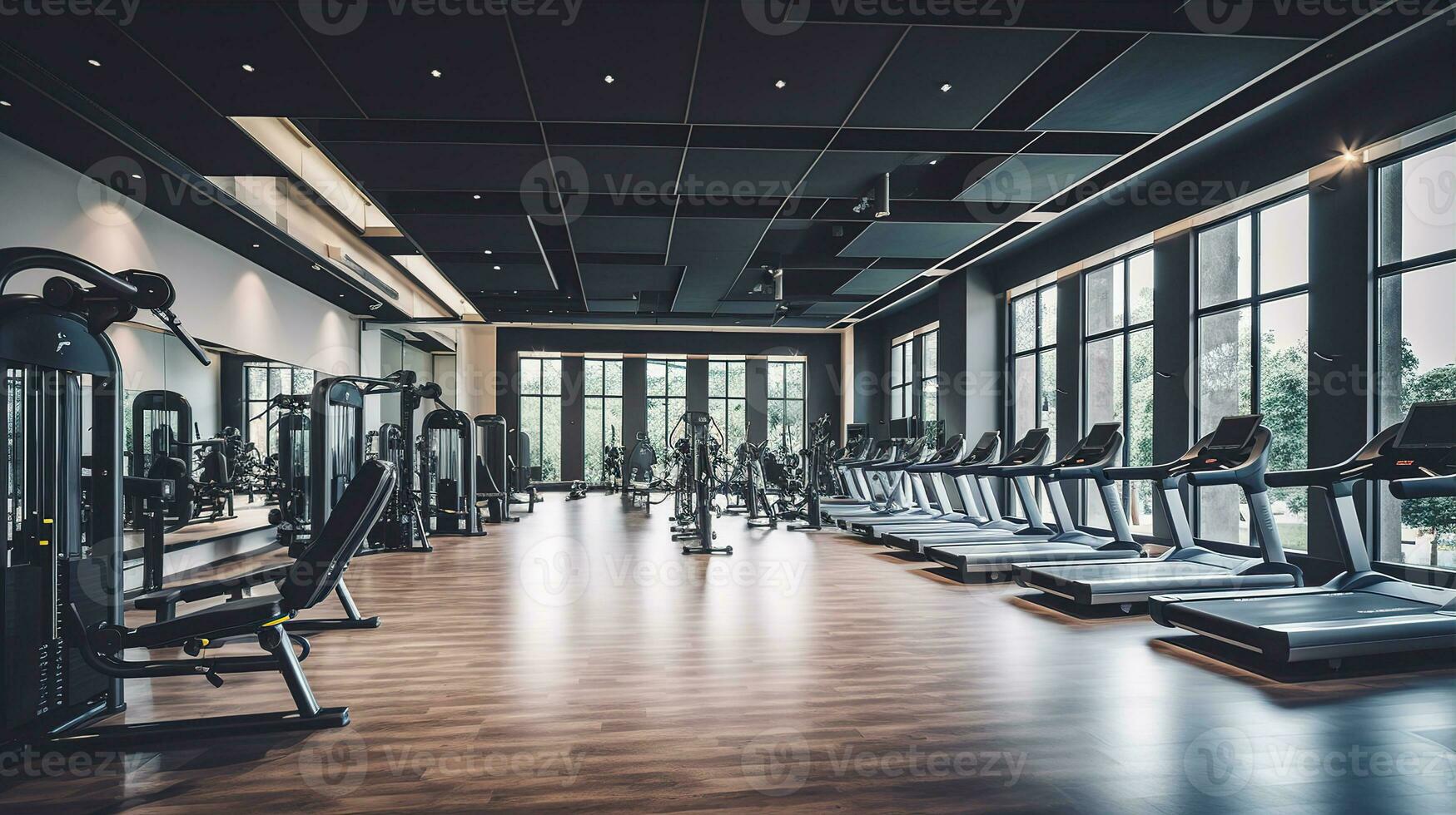 Within gym with modern fitness equipment for fitness events and more. Modern of gym interior with equipment. Sports equipment in the gym. Created with Generative AI photo