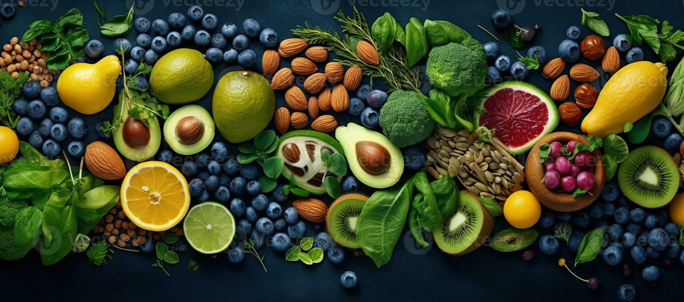 Healthy food background. Fruit, vegetable, seeds, superfood, cereals, leaf vegetable Healthy food concept. Created with Generative AI photo