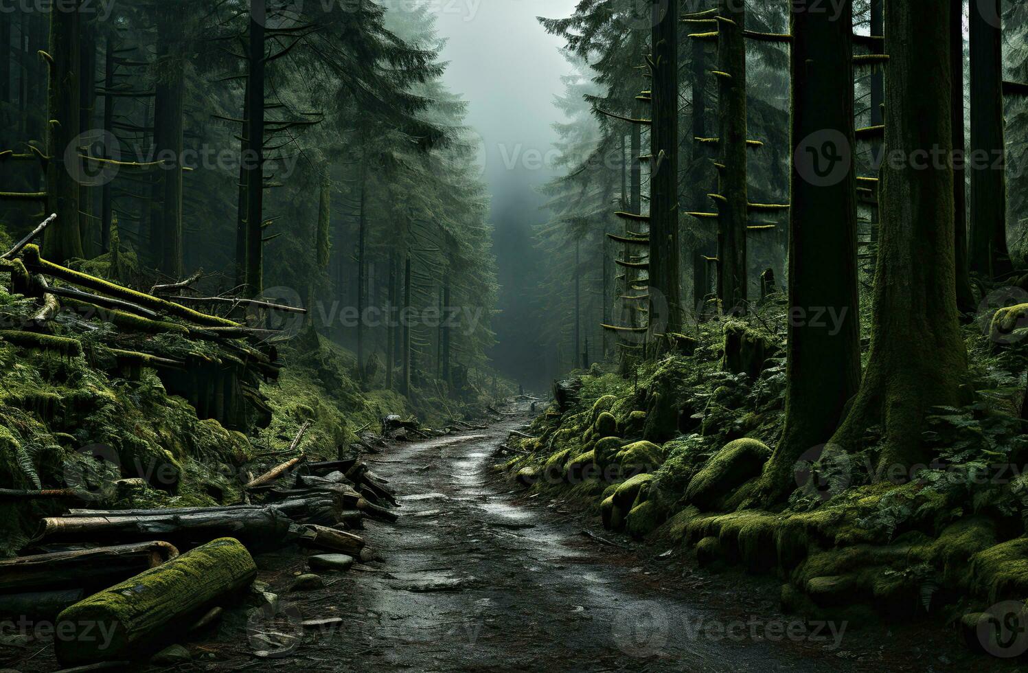 Landscape with empty road through woods. Travel. Created with Generative AI photo