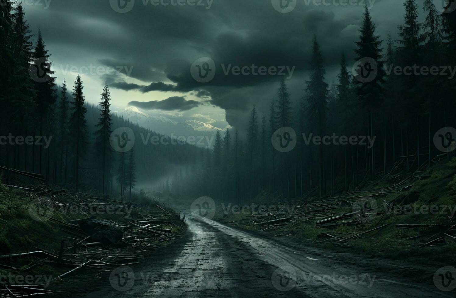 Landscape with empty road through woods. Travel. Created with Generative AI photo
