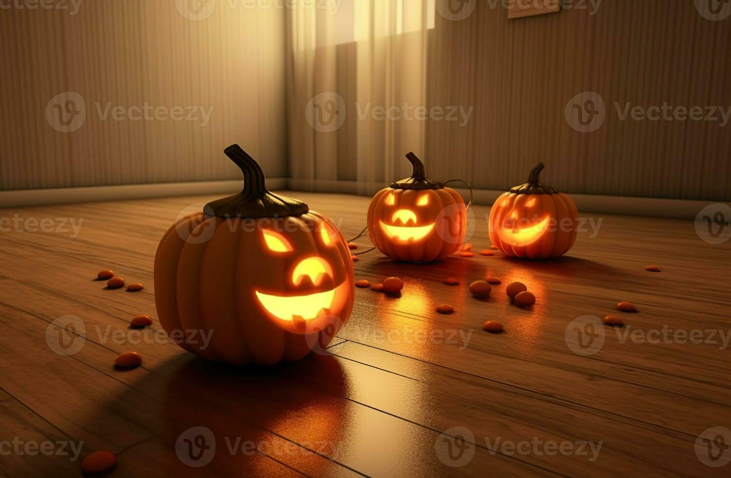 Dark interior of the house decorated for Halloween pumpkins. Created with Generative AI photo