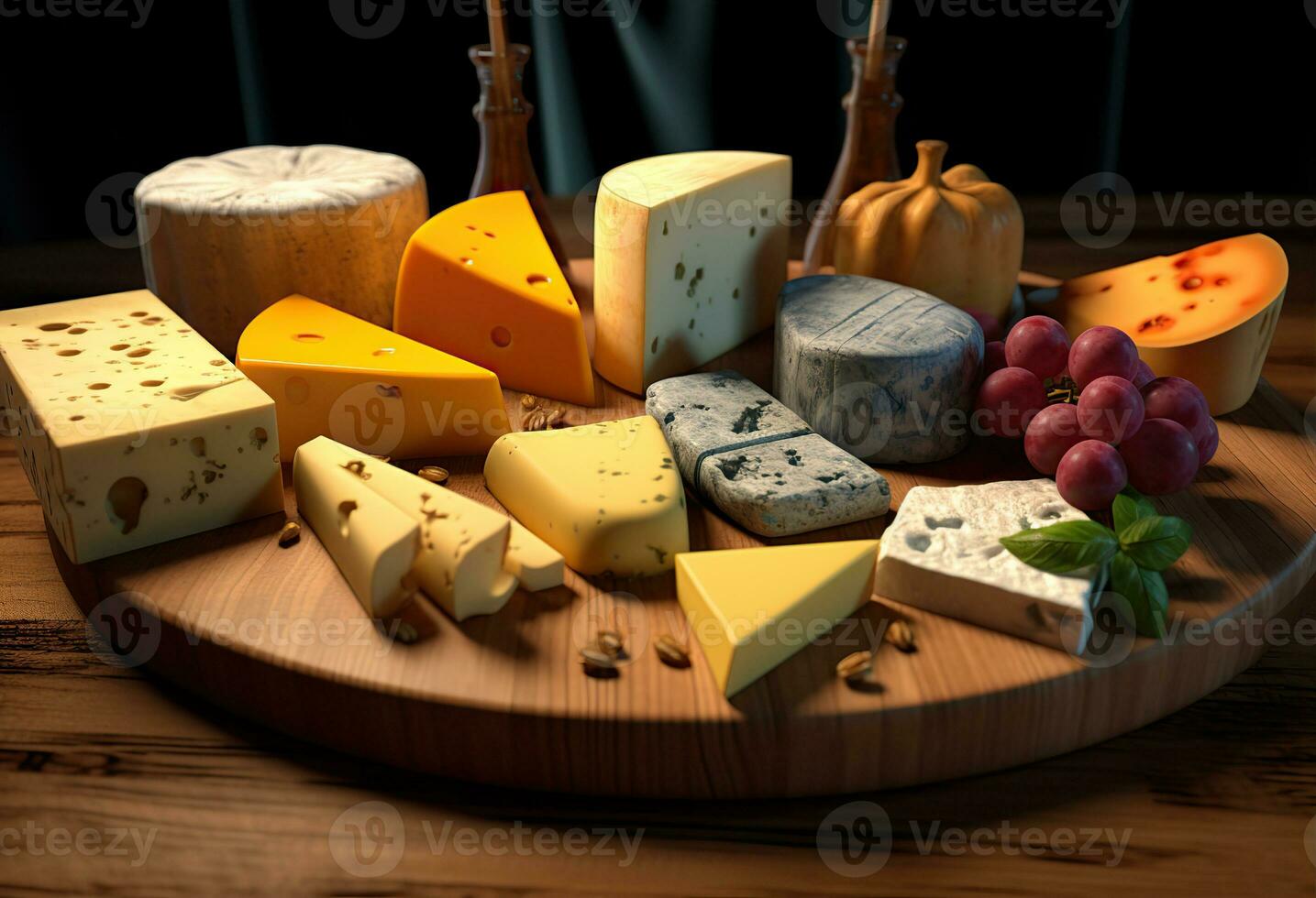 Various types of cheese on rustic wooden table. Created with Generative AI photo