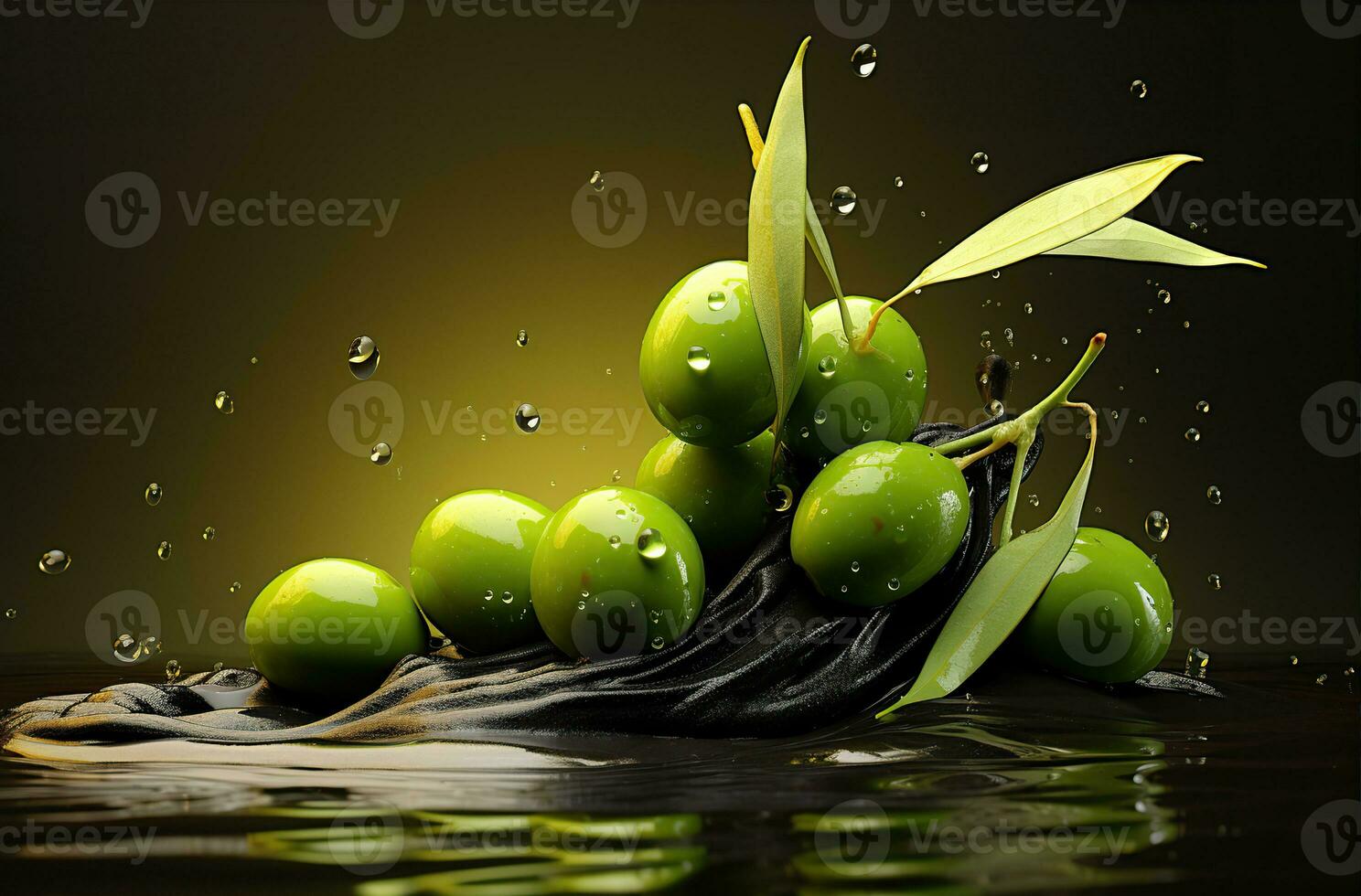 Olive oil on green olives with leaves. Created with Generative AI photo