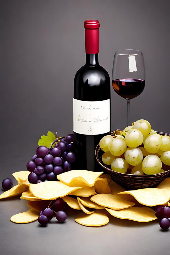 Wine bottle and cup with grapes. AI generated photo