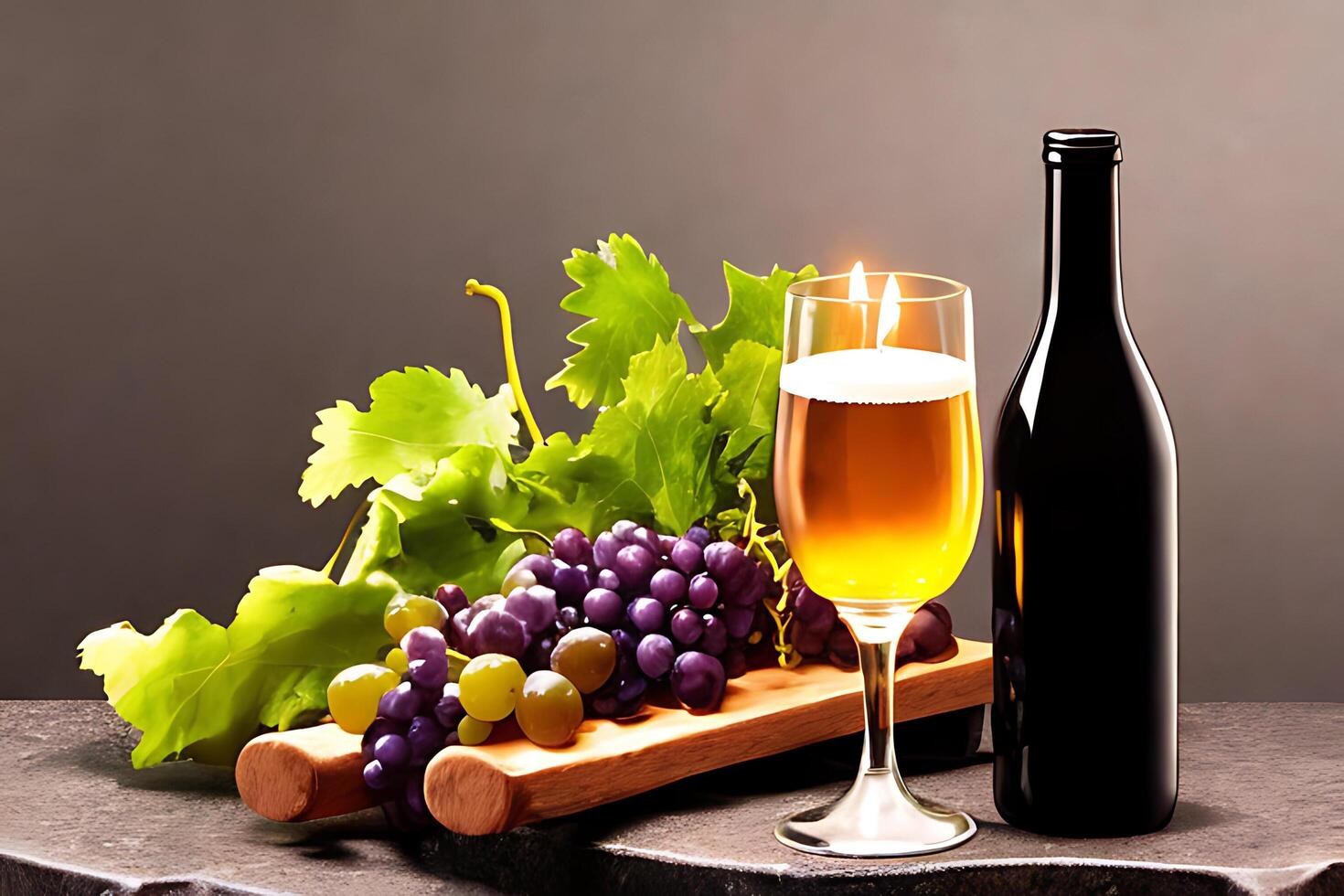 Wine bottle and cup with grapes. AI generated photo