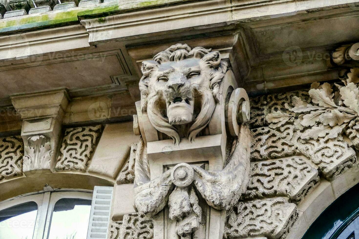 un león cabeza en el lado de un edificio foto