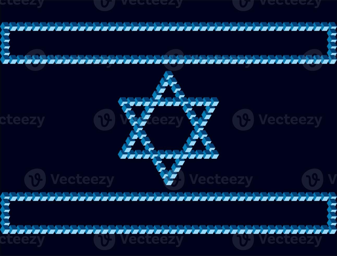 Israeli flag on a dark mournful background. Symbols of Israel based on the Penrose triangle. Monolithic basis of Israeli symbols based on unusual figures with violations of the laws of geometry photo