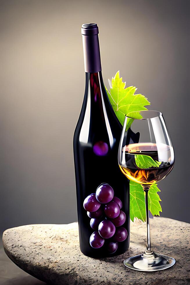 Wine bottle and cup with grapes. AI generated photo