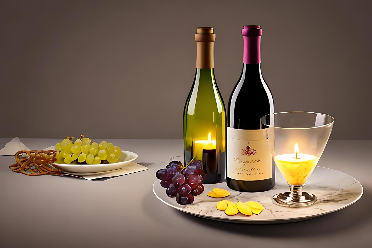 Wine bottle and cup with grapes. AI generated photo