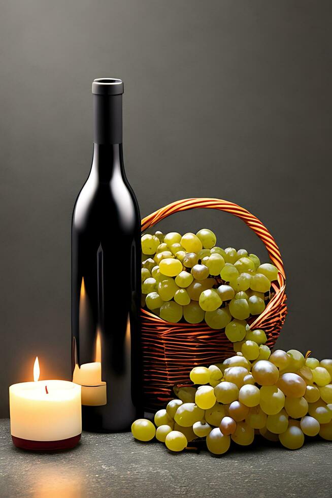 Wine bottle and cup with grapes. AI generated photo