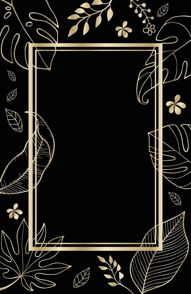 Minimalist leaf botanical hand drawn drawing illustration with golden frame on black background, empty space card floral decorative border. Elegant card illustration graphic set banner. vector
