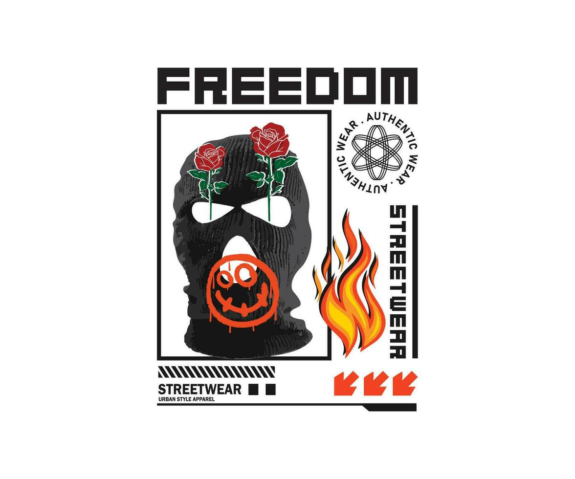 freedom calligraphy slogan print with robber mask print graphic vector illustration on black background for streetwear and urban style t-shirt design, hoodies, etc