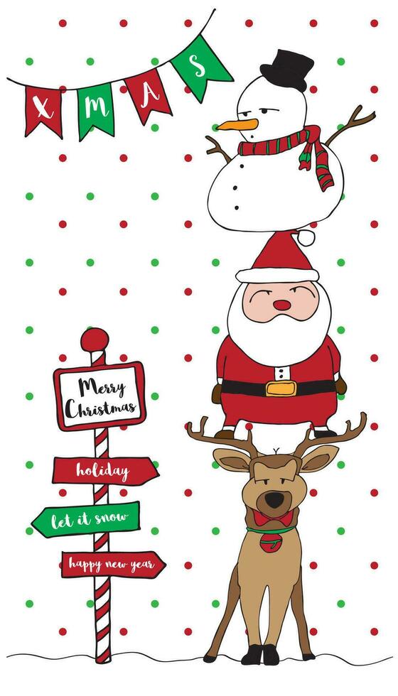 alegre Navidad tarjeta modelo con Papa Noel, reno, muñeco de nieve, nieve verde rojo y raya rojo blanco marco vertical vector
