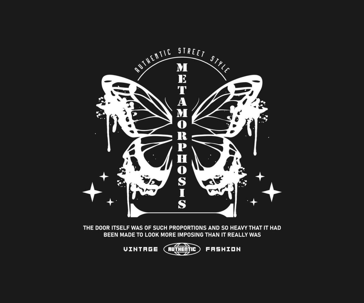 Retro grunge butterfly dripping drawing, for streetwear and urban style t-shirts design, hoodies, etc. vector