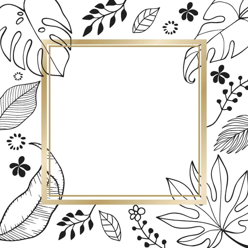 Minimalist leaf botanical hand drawn drawing illustration with golden square frame on white background, empty space card floral decorative border. Elegant card illustration graphic set banner. vector