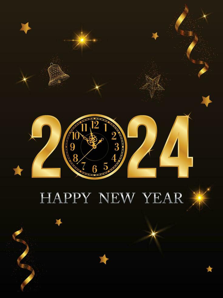 2024 Happy new year with Golden Texture Numbers, clock and light. vector