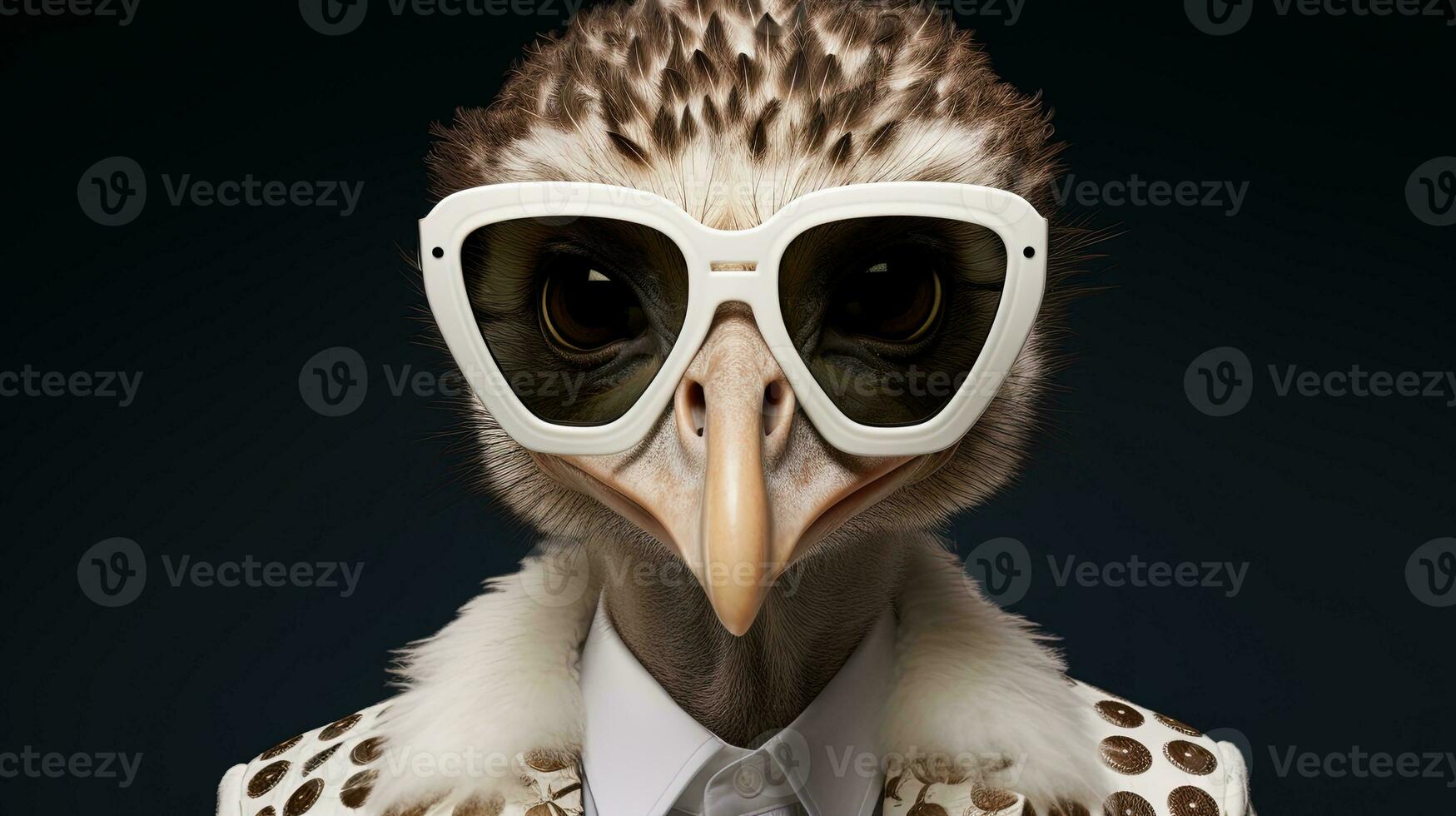 Portrait of an ostrich in a hat and a jacket on a black background. AI Generative photo