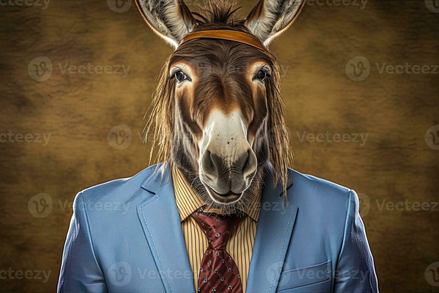 Portrait of a funny donkey wearing sunglasses and a suit. AI generative photo