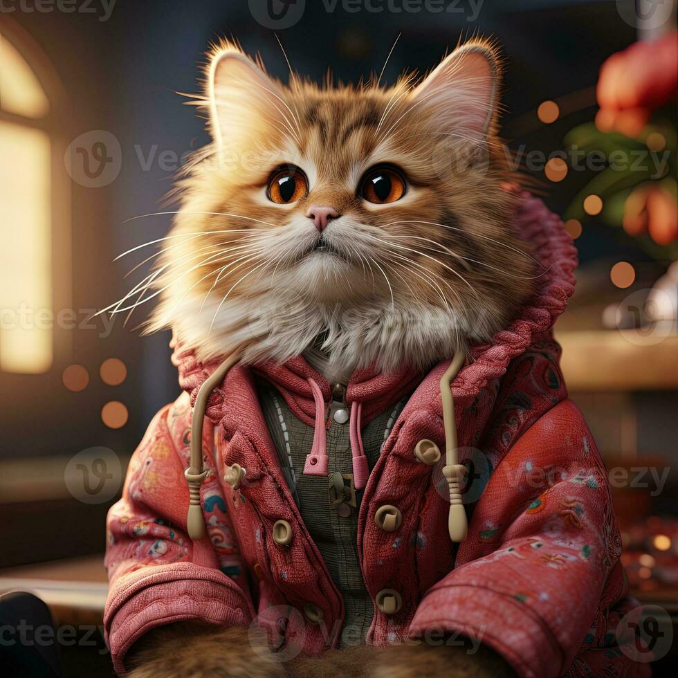 Cute fluffy cat in a pink suit and hat sits in a vintage room AI generative photo
