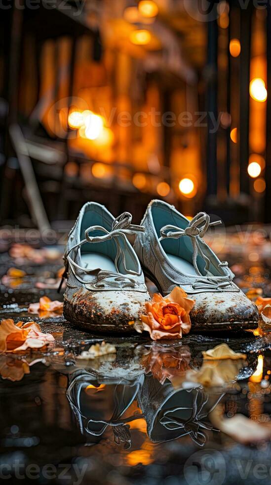 Burning shoes on the street in the city. Selective focus. AI generative photo