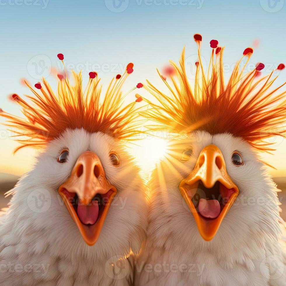 linda pollos con naranja ojos en un antecedentes de puesta de sol. ai generativo foto