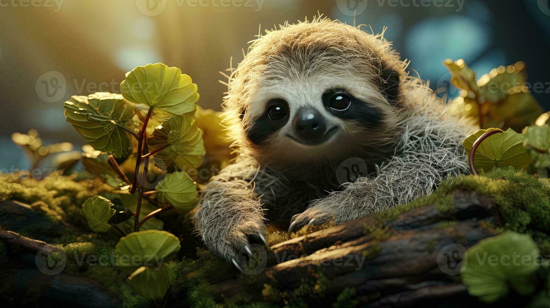 Cute sloth on the background of flowers in the meadow. AI generative photo