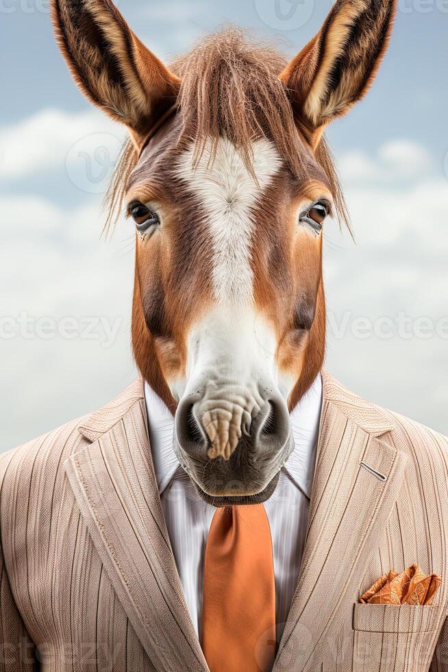 Portrait of a funny donkey wearing sunglasses and a suit. AI generative photo