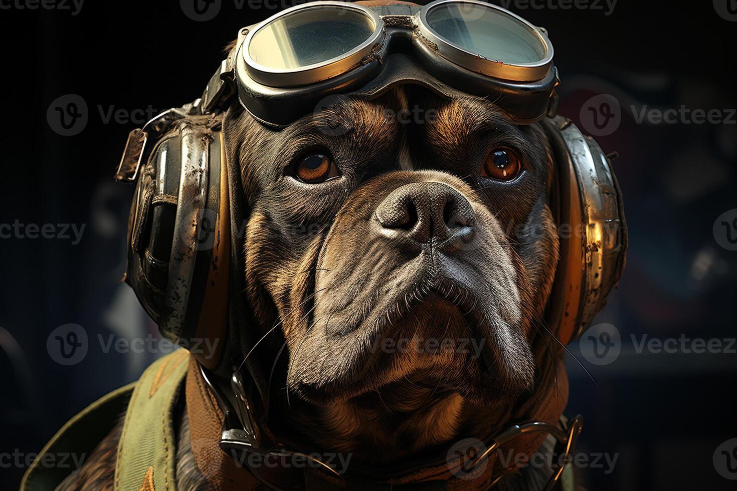 retrato de un francés buldog en de aviador casco. antropomórfico animal. ai generativo foto