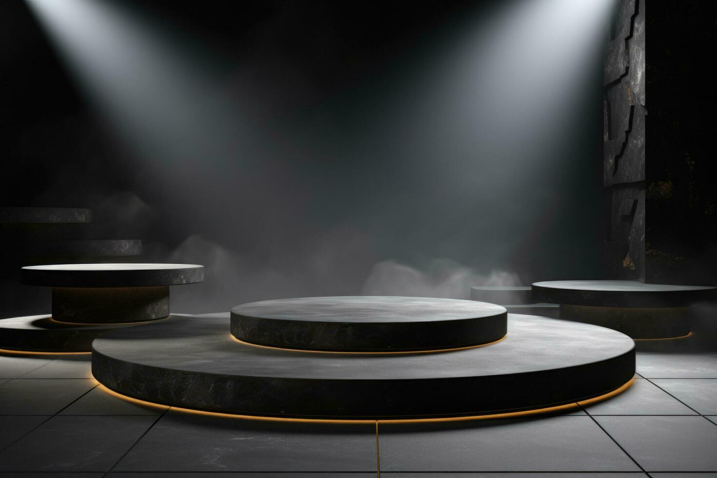 Marble podium on dark background with spotlights and yellow backlight. Empty pedestal for award ceremony. Black background photo