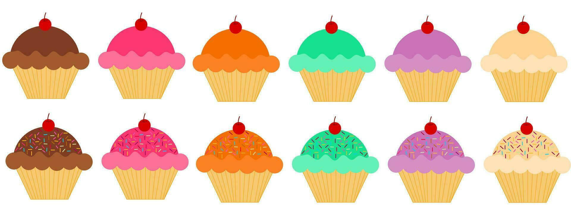 Set of cute cupcakes and muffins.Sweet dessert.Cartoon vector illustration.