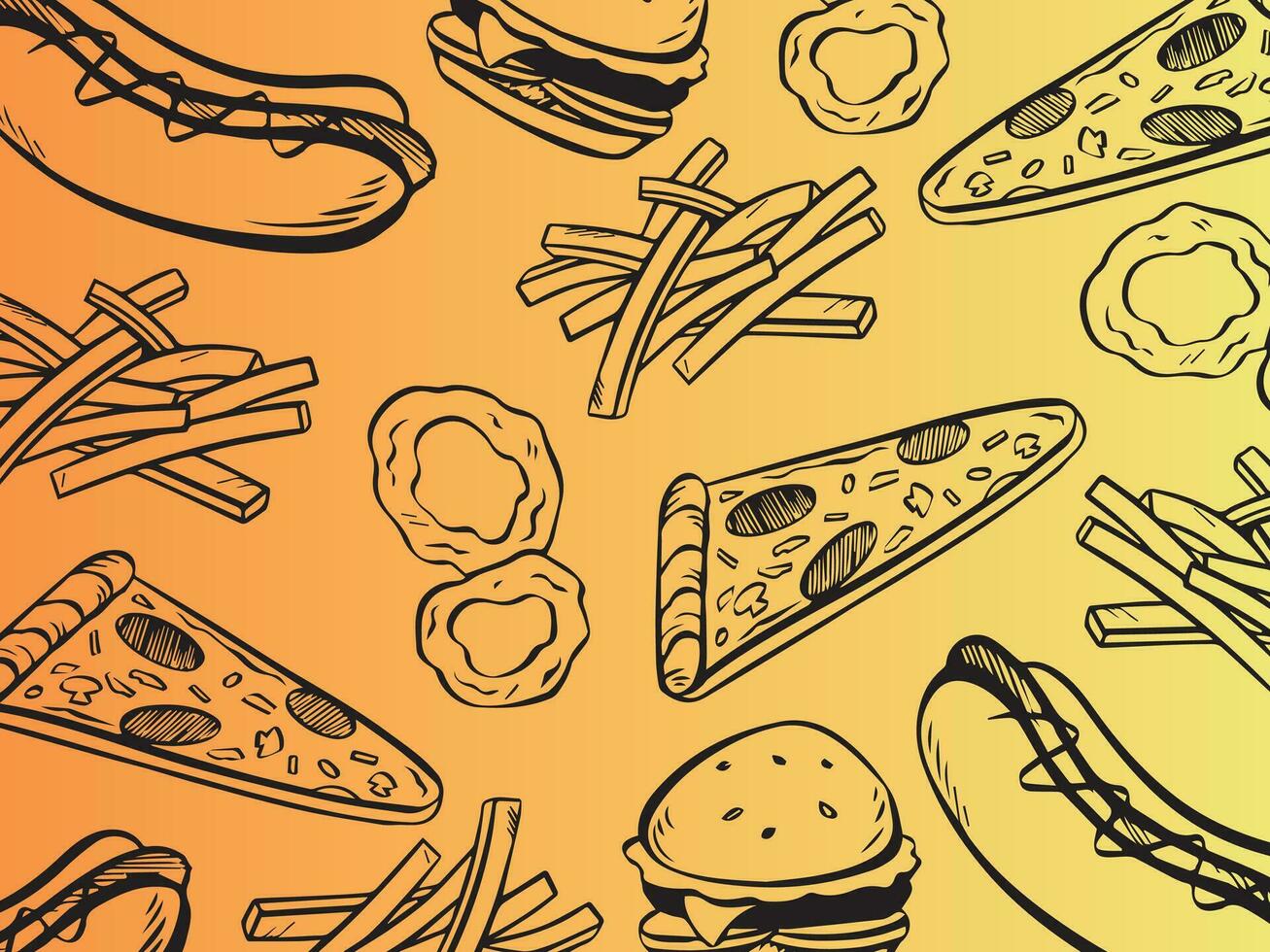 Fast american food black outlined vector illustration drawing isolated on horizontal gradient fried yellow orange background. Simple banner poster design for fast food restaurant.