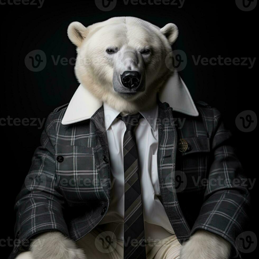 Polar bear in a business suit and tie on a dark background.AI generative photo