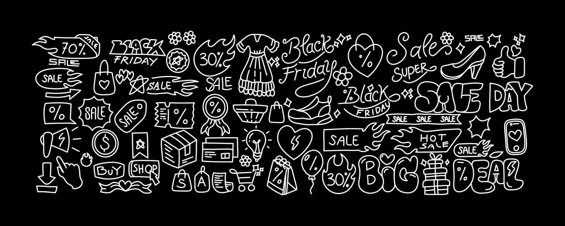 Set of Black Friday Doodle Icon Vector Art. Line art vector hand drawn set of Shopping cartoon doodle objects, symbols and items.