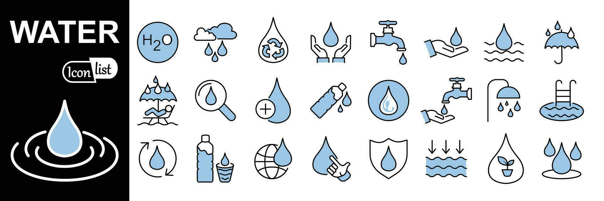 Water drops icon set. Outline Style Blue Icon Set contains such Icons as drop of water. Glass, magnifier, washing hands, shower. Vector illustration