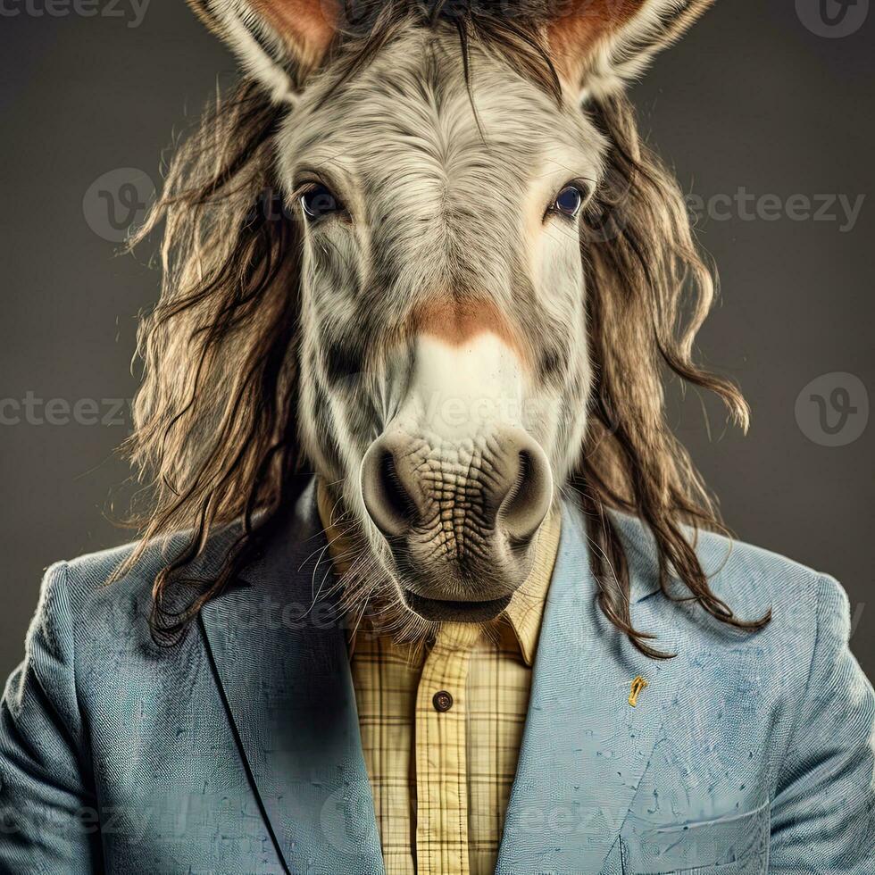 Portrait of a funny donkey wearing sunglasses and a suit. AI generative photo