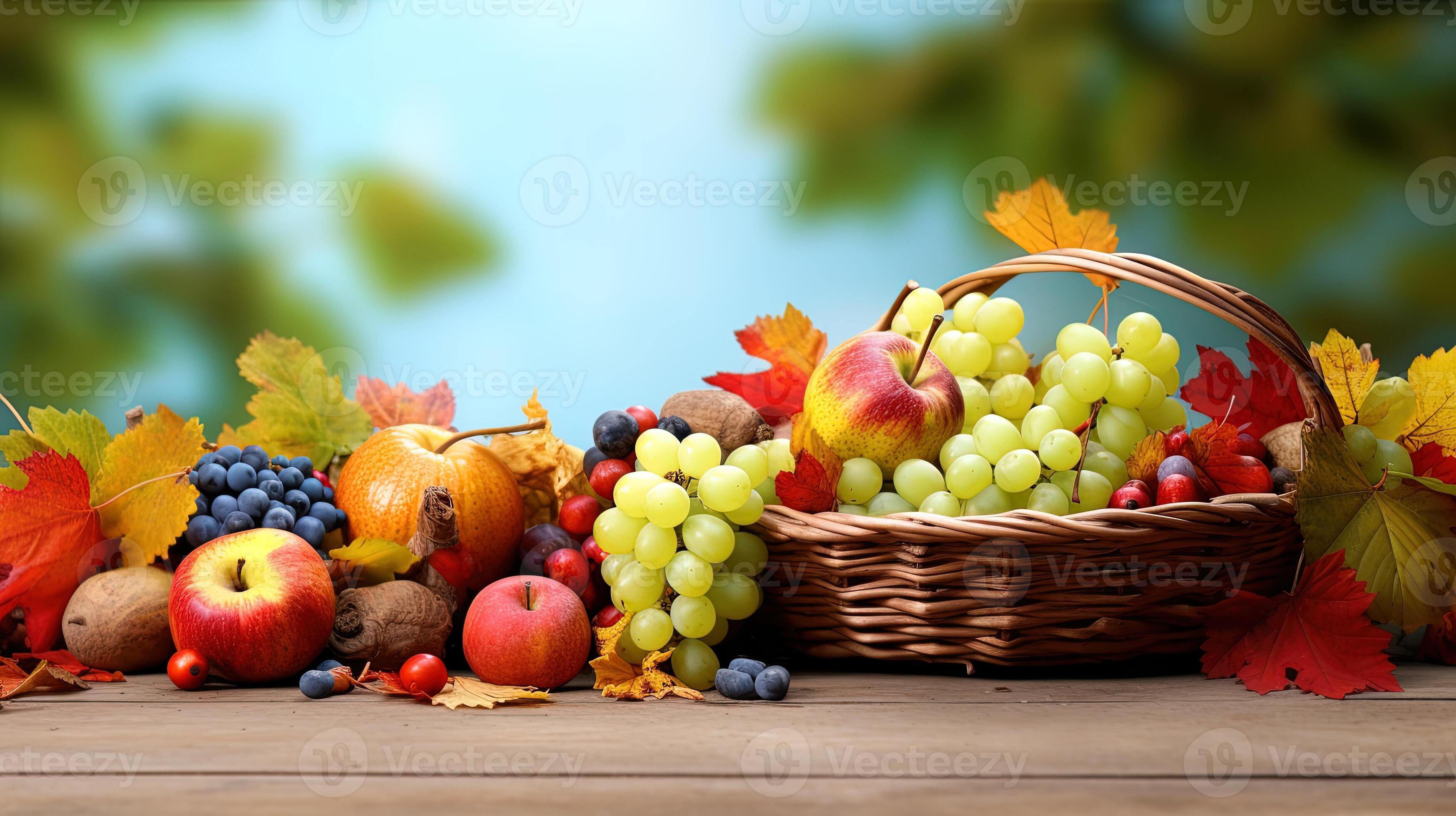 Autumn still life with basket of fruits and vegetables on wooden table