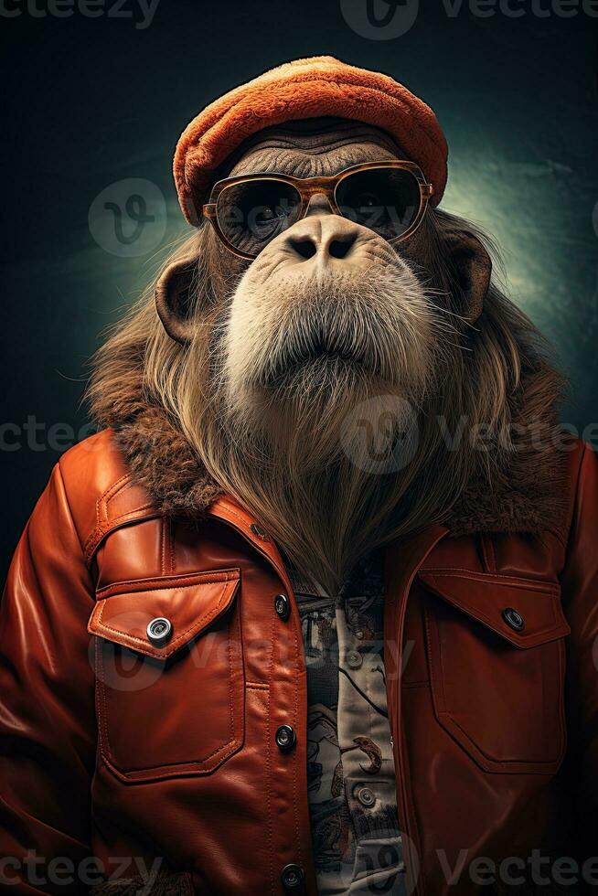 Portrait of a dog wearing sunglasses and a warm hat. anthropomorphic animal. AI generative photo