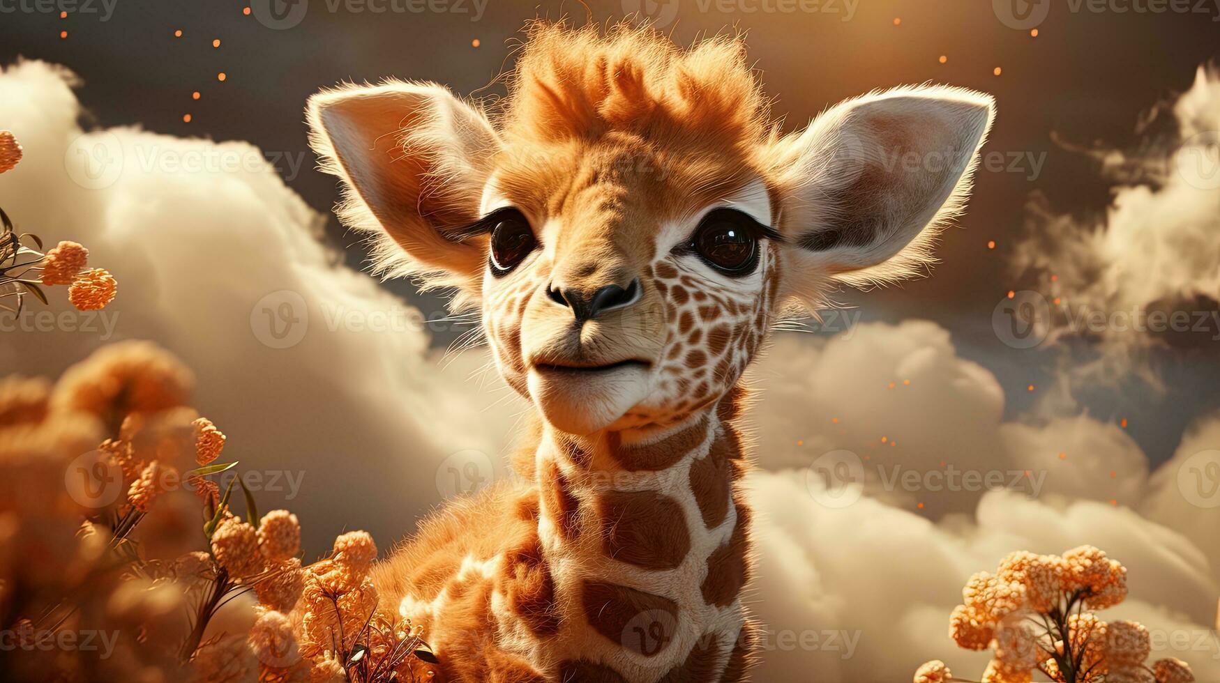 Cute baby giraffe with big eyes and clouds of smoke on background. AI generative photo