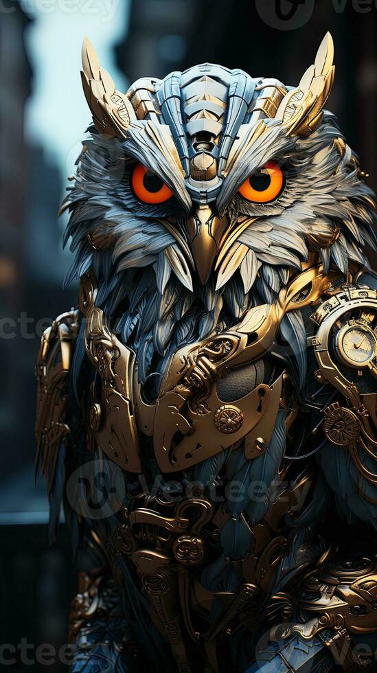 3D illustration of a fantasy character, an owl in armor. AI generative photo