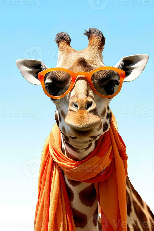 jirafa vistiendo Gafas de sol y naranja bufanda aislado en gris antecedentes. ai generativo foto