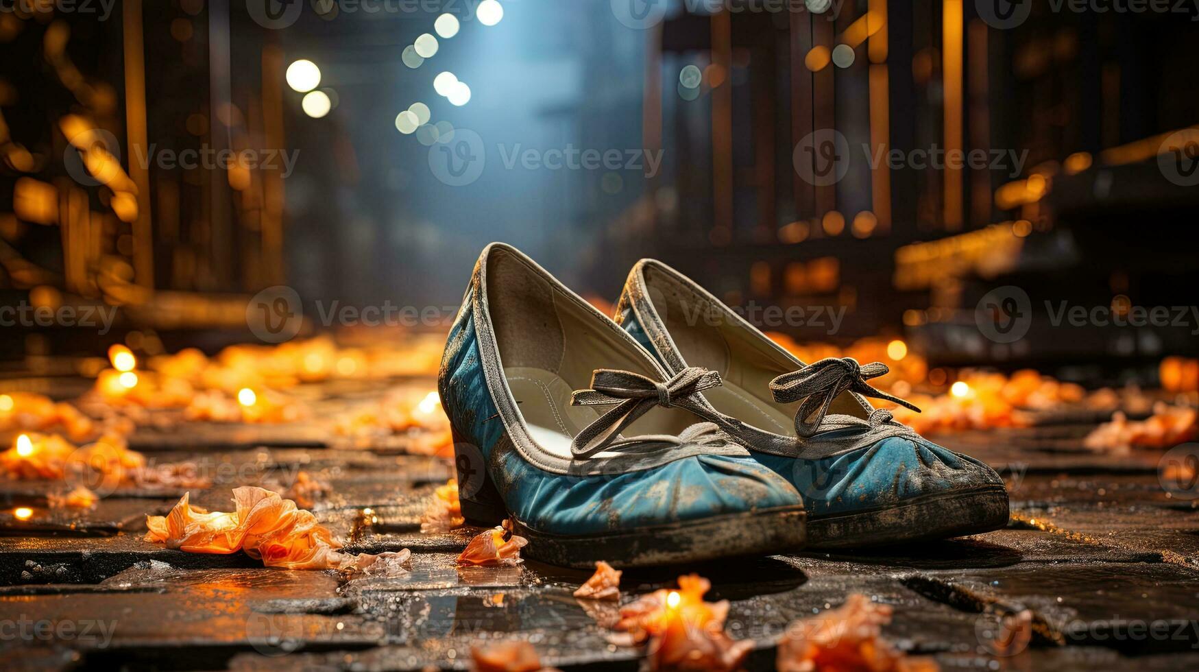 Burning shoes on the street in the city. Selective focus. AI generative photo