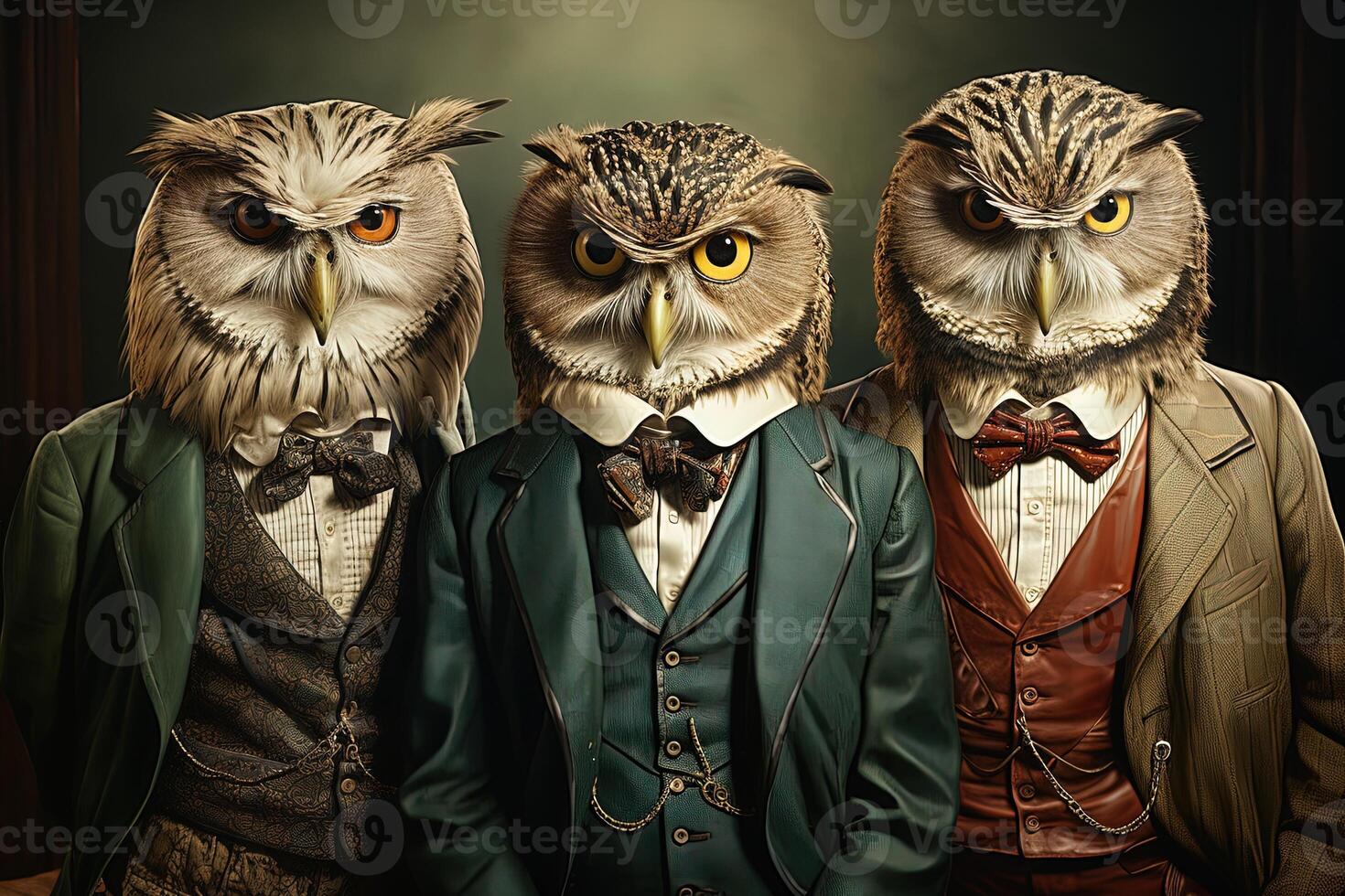 Elegant owl in a suit and a hat on a dark background. anthropomorphic animal. AI generative photo