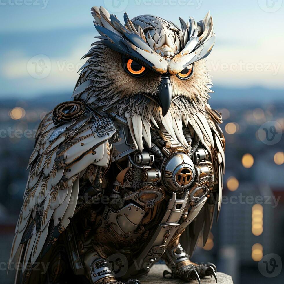 3D illustration of a fantasy character, an owl in armor. AI generative photo