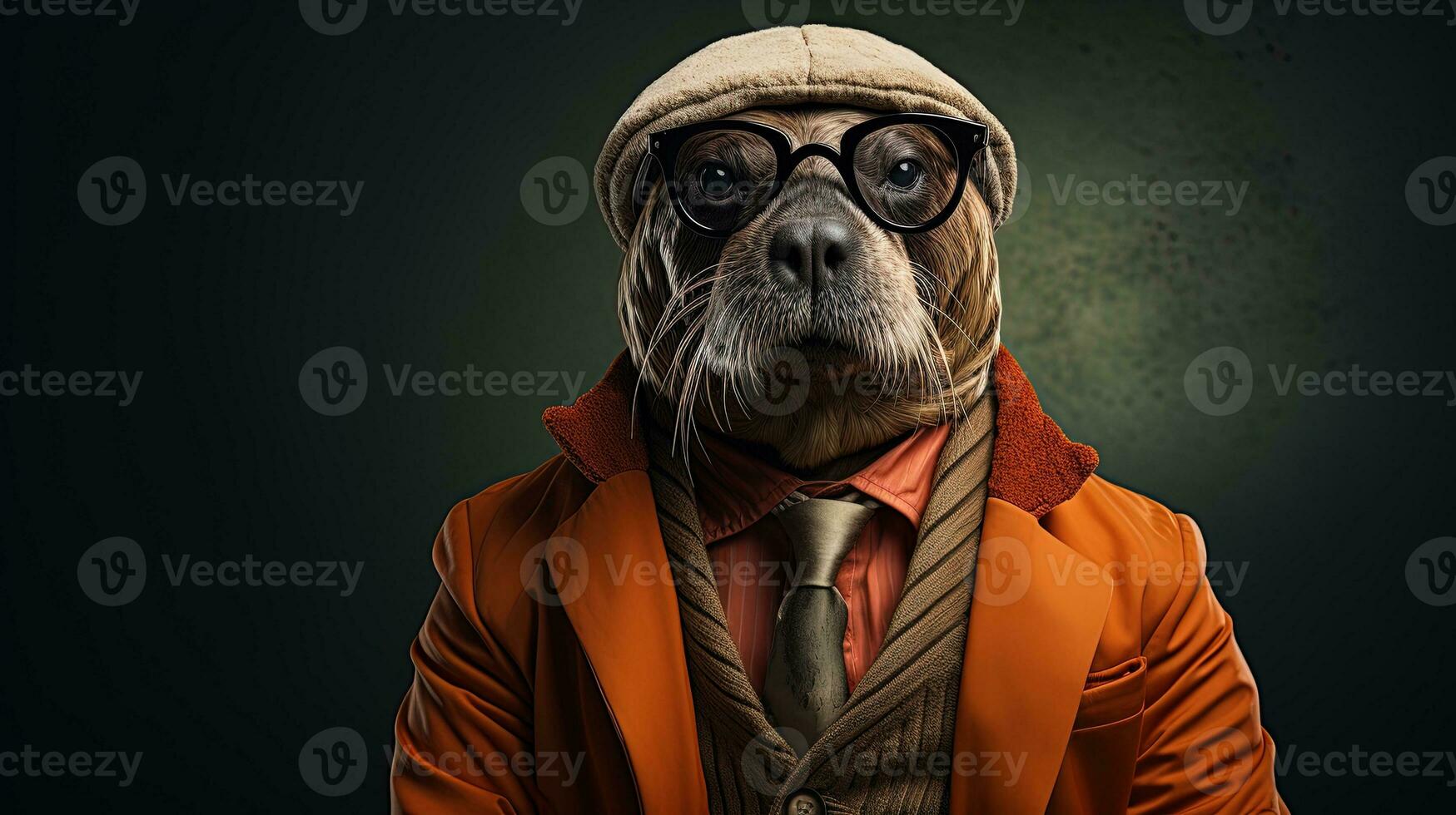 Portrait of a dog wearing sunglasses and a warm hat. anthropomorphic animal. AI generative photo
