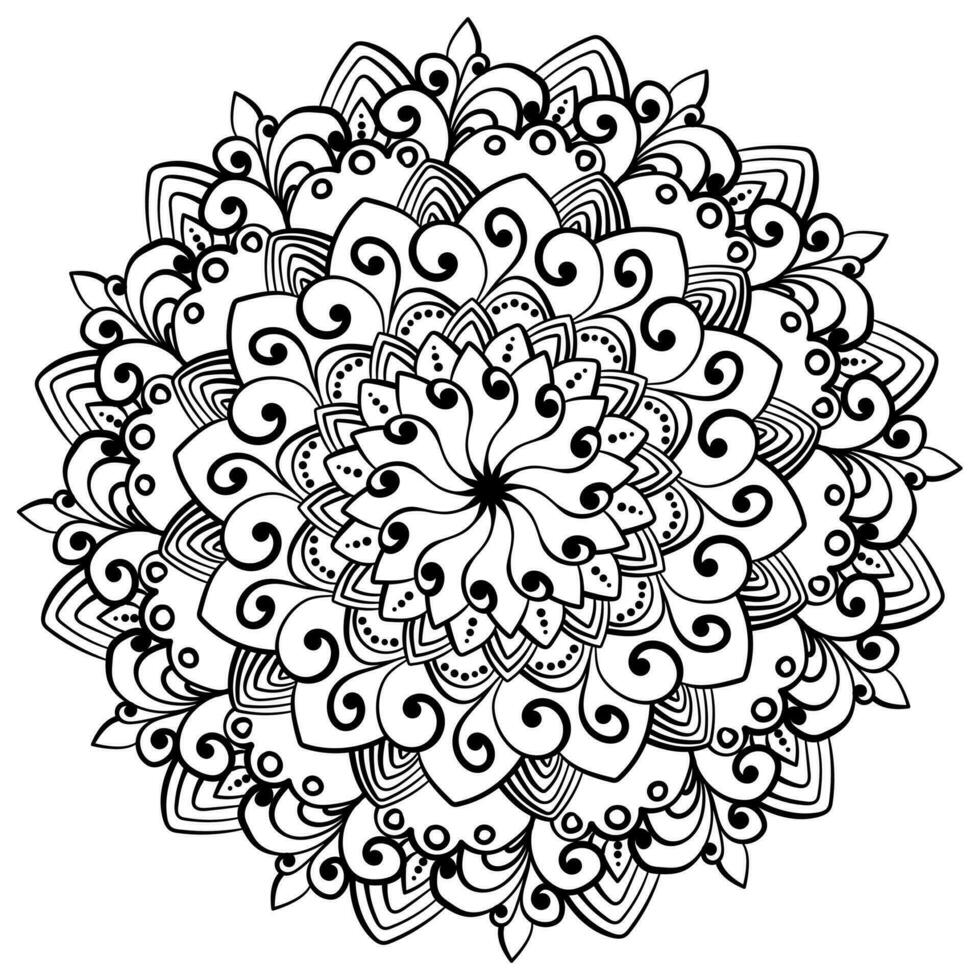 swirl mandala coloring page, outline patterned round shape with ornate petals vector