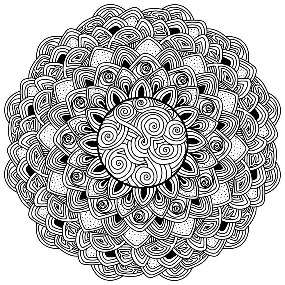 zen contorno mandala con espiral patrones y en capas pétalos vector