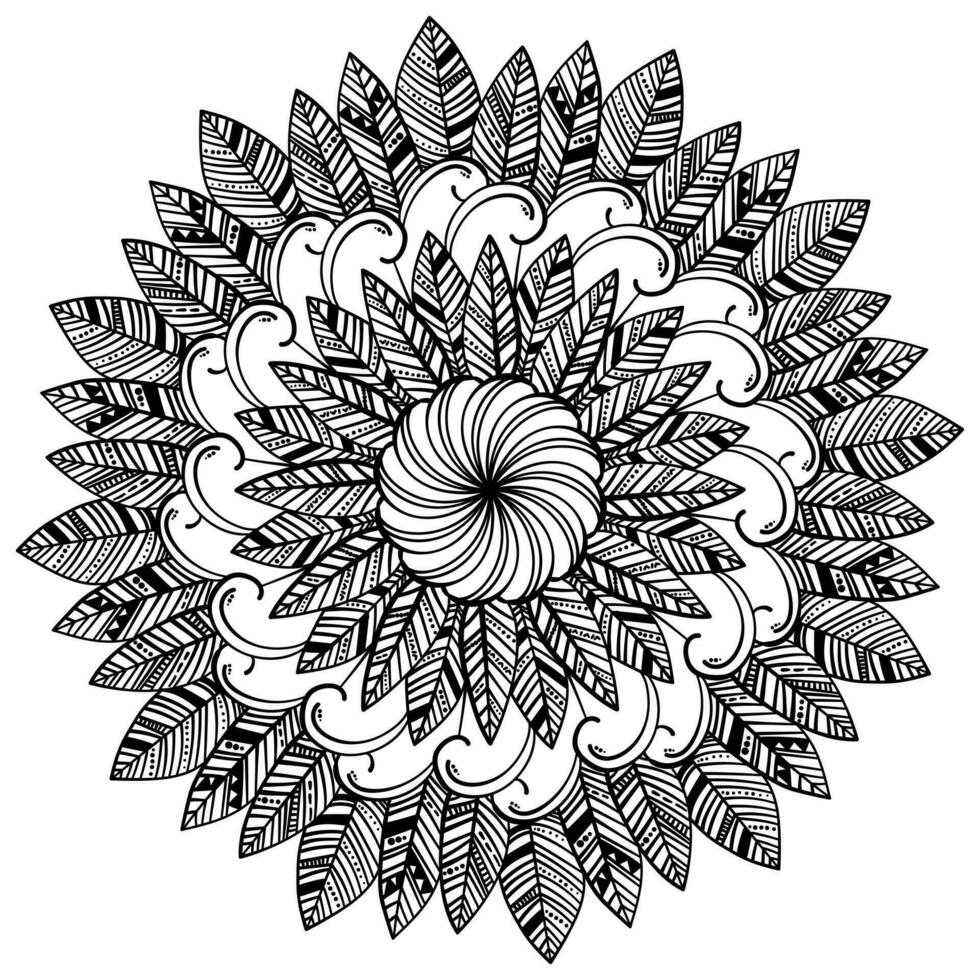 zen mandala con contorno garabatear plumas, colorante página con patrones para actividad vector