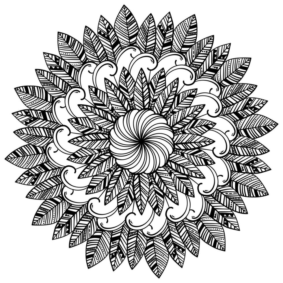 Zen mandala with outline doodle feathers, coloring page with patterns for activity vector