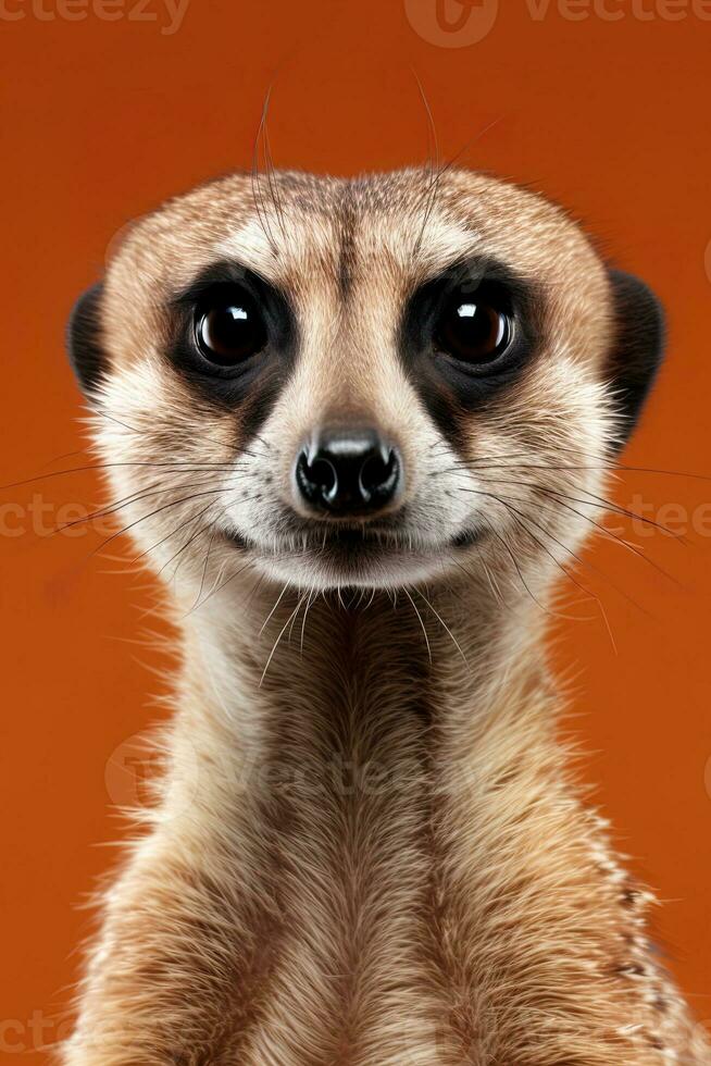 Close-up of a meerkat on an orange background. AI generative photo