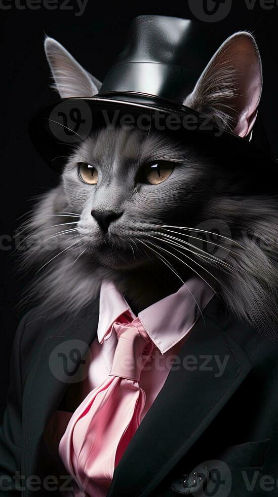 retrato de un hermosa gato en un parte superior sombrero en un negro antecedentes. ai generativo foto